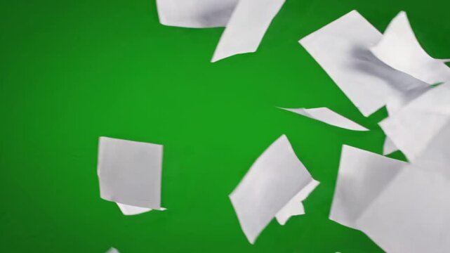 A massive stack of important white documents and blank paper sheets rapidly falls and scatters chaotically against a vibrant chroma key green screen b