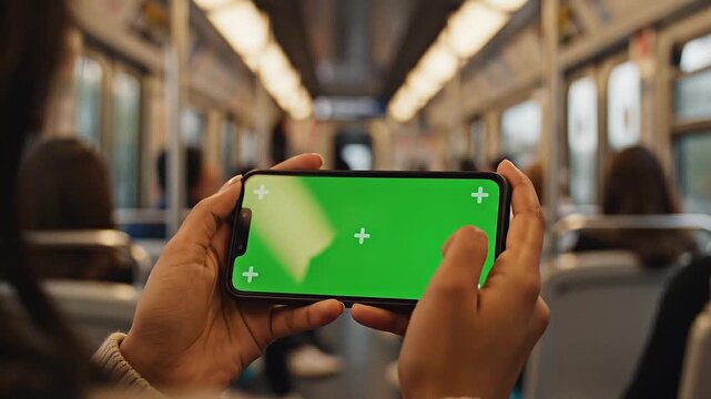 A person holds a modern smartphone with a bright green screen for chroma key compositing while commuting on a subway train, symbolizing mobile connect
