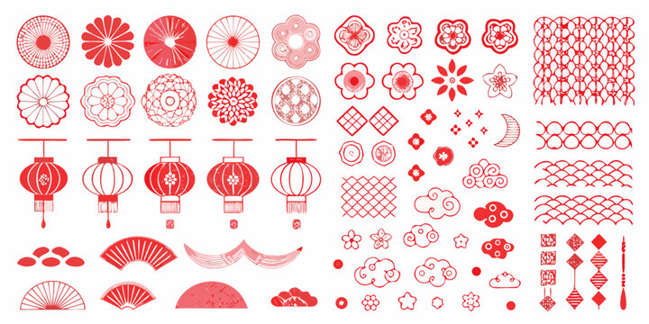 A collection of red chinese new year decorative elements and symbols