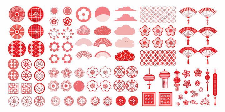 Collection of traditional red chinese decorative elements and patterns