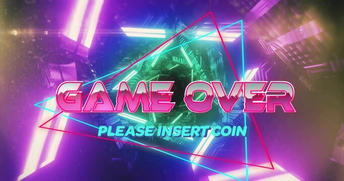 Glowing pink game over text pulsing across 3D neon tunnel featuring cyan insert coin and triangles