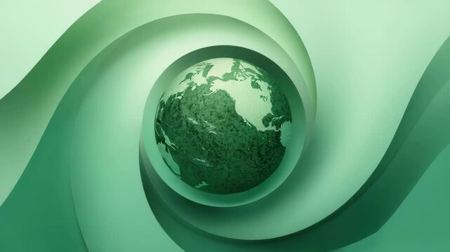 Green textured globe centered within swirling abstract green paper layers conveying environment