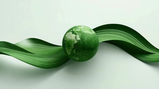 Green earth globe resting flowing leaf ribbon symbolizing sustainability and eco balance for green