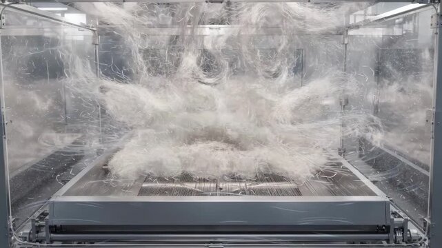 Medium shot capturing the dynamic motion of lightweight fibers in airlaid web forming chamber emphasizing uniform deposition into the forming box for consistent web quality.