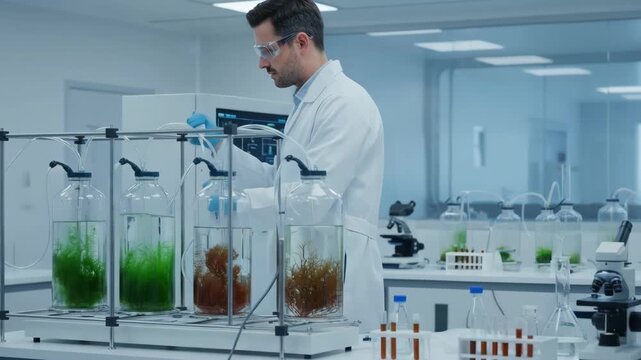 Scientist examining nutrient levels in algae cultures within a controlled bioreactor environment ensuring healthy biomass extraction and productivity.