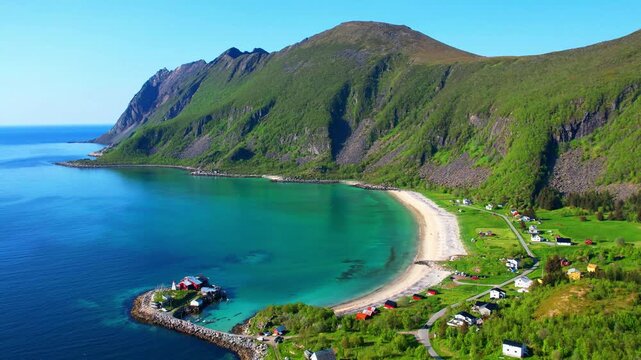 Senja island mountains and beach in Norway, aerial view