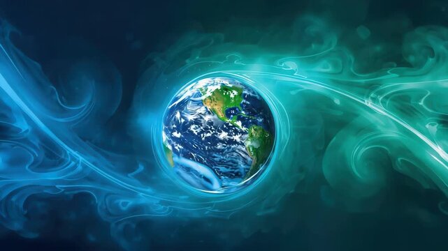 Earth globe with swirling blue green energy aura and glowing planetary swirl of vibrant atmosphere
