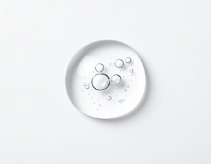 Clear droplet with trapped air bubbles on a white surface