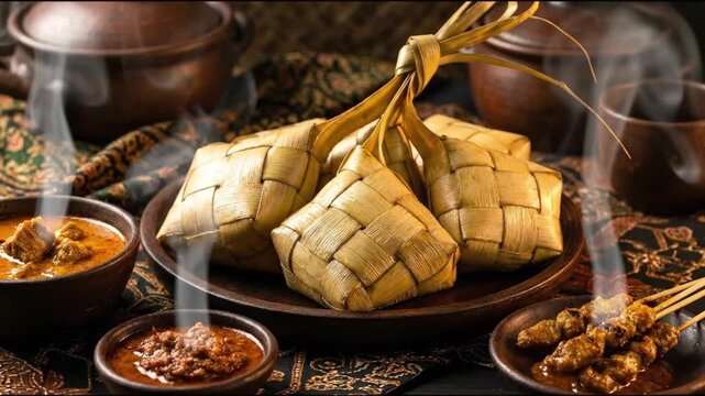 Steaming traditional Indonesian Ketupat rice cakes with beef Rendang curry chicken Satay skewers and Sambal on Batik cloth for Eid al-Fitr or Hari Raya celebration