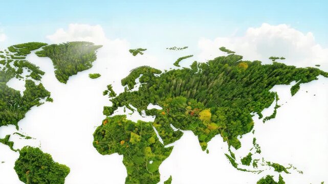 Green world map forest with lush trees foliage canopy misty sky eco harmony
