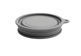 Compact collapsible grey silicone pet food bowl or travel dish with hanging loop