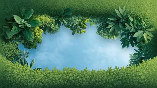 Lush green foliage and fresh green leaves framing bright blue sky with soft clouds, serene natural