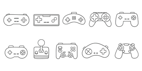 Hand-drawn doodle set of joysticks for video games on a white background. © Павел Костенко
