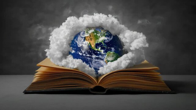 Open book with globe emerging from cloud ring pages, earth and book imagery for global learning
