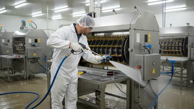 Specialist cleaning and adjusting multiple parts of a combined blade and drum plucker machine ensuring maximum efficiency in poultry processing.