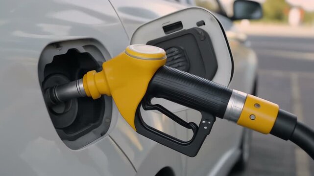 Close up of a person refueling a car with yellow gas pump nozzle at a fuel station