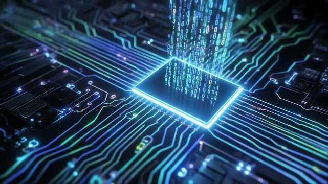 Futuristic glowing microchip with flowing digital binary code on circuit board technology background