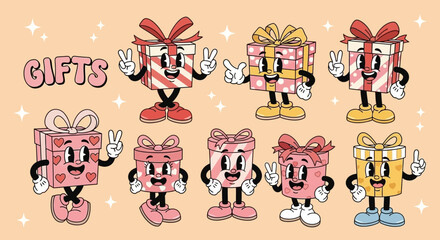 Fototapeta premium Vector set of 8 cute gift box characters