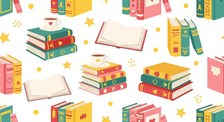 Fototapeta premium Colorful book pattern with stars and stationery