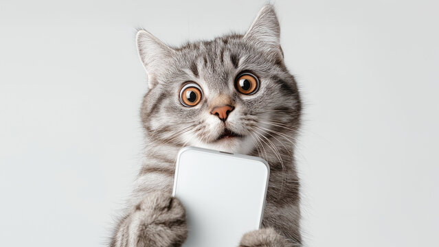 Smartphone shocked meme cat with copy space on white background cat-meme_1040