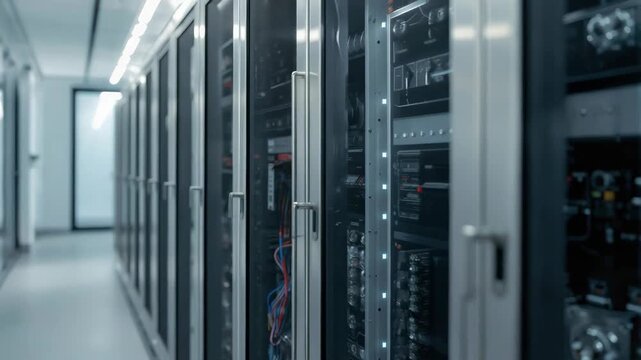 Row of server rack corridor modern data center with cool lighting reflective cabinets blinking