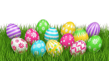 Fototapeta premium Collection of festive Easter eggs scattered in green grass