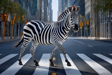 Fototapeta premium Zebra crosses a city street near modern buildings during the daytime