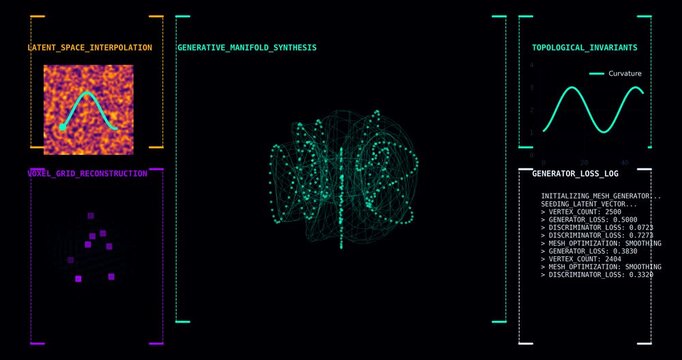 AI Geometry Engine Visualization Showing Procedural Generation, Latent Space Interpolation, Generative Manifold Synthesis, Topological Analysis and 3D Mesh Optimization Dashboard