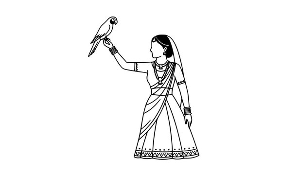 Minimal Indian bride and parrot wedding symbol black white vector clip art