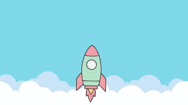 Cute Rocket Launch Illustration in Sky, Suitable for Kids Animation, Space Education, and Creative Storytelling Content