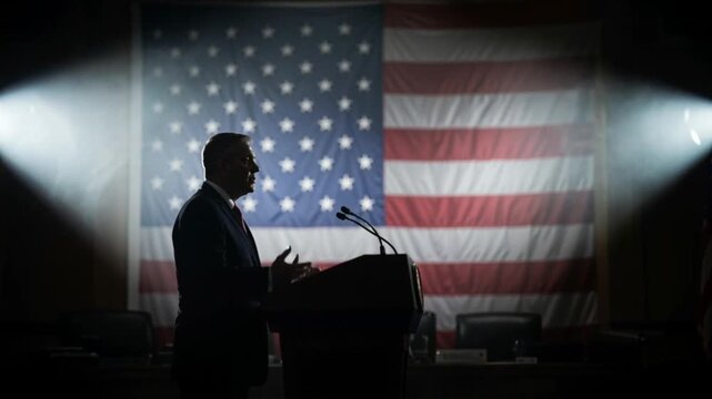 Silhouette of an american politician speaking at podium before us flag