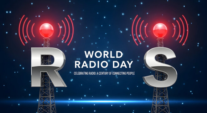 World radio day with large letters rs and radio towers on dark blue background