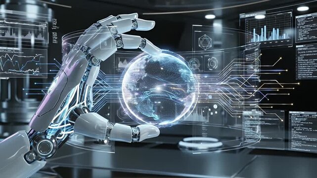Robot hand touching futuristic global data interface hologram