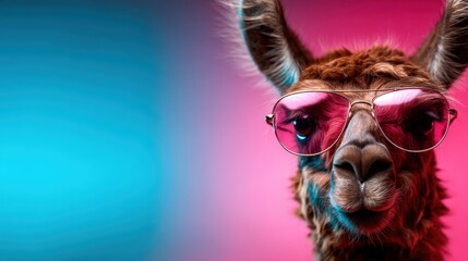 Obraz premium A charming llama sports oversized pink sunglasses, exuding a playful vibe against a bright pink and blue gradient background that captures attention and joy.