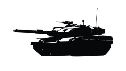 Silhouette of a military tank with long gun barrel and antenna on white background symbolizing war and defense