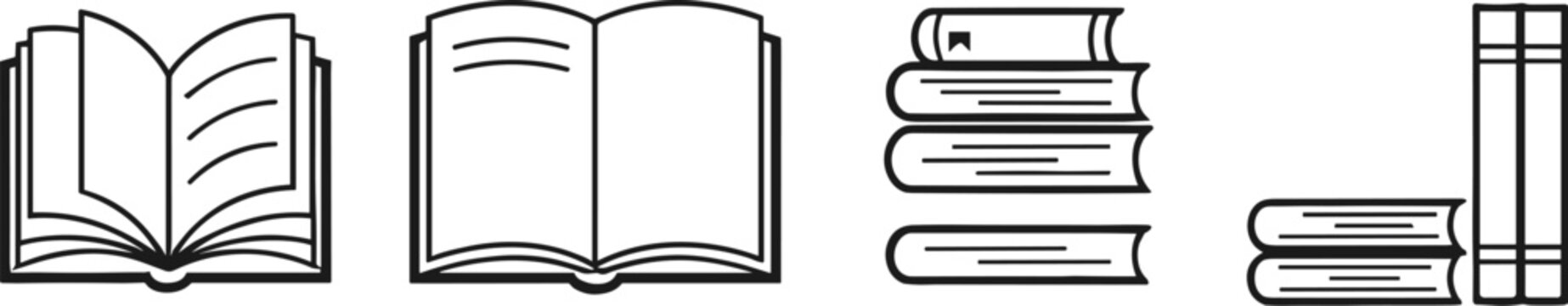 Large set of black and white book vector icons featuring open books stacked books and vertical spines for education library and reading design.
