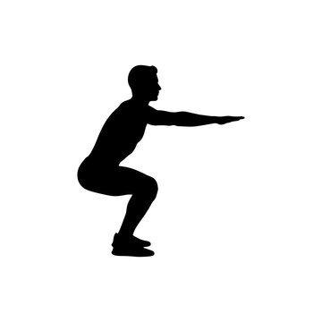 A clean black silhouette of a fit man doing a deep squat with arms extended. Perfect for gym, fitness, health, and workout-related designs.