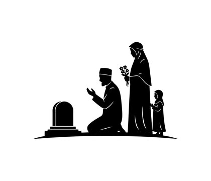 Black silhouette vector of a Muslim father, mother, and child visiting a grave, offering prayers and flowers in remembrance. Isolated on white background for funeral and religious themes.