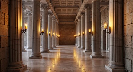 Naklejka premium Ancient Hallway with Marble Columns and Candlelight