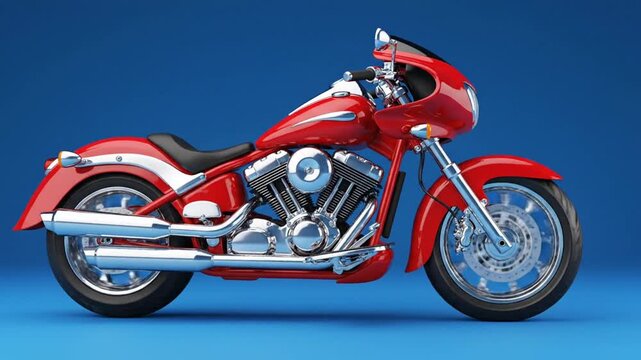 A cartoon style red motorcycle on display, viewed from the side, showcasing its sleek chrome engine and wheels