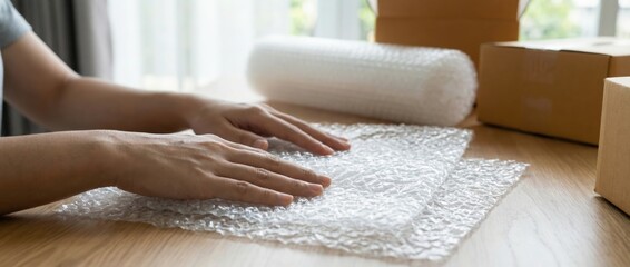 Preparing for shipping using bubble wrap to protect items home office tutorial guide indoor setting close-up view packing essentials