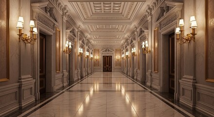 Elegant Hallway Interior: Luxury Mansion Corridor with Ornate Decor and Chandeliers