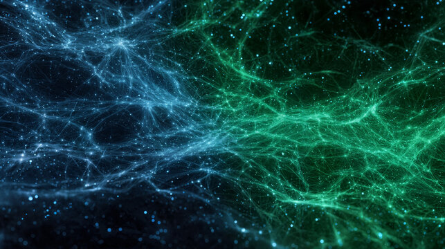Abstract cyber security digital network background with glowing blue and green data lines and particle light.