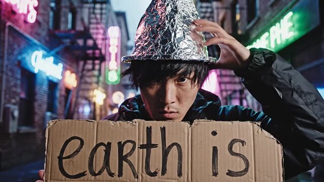 Mysterious man in foil hat holding earth is flat sign in city