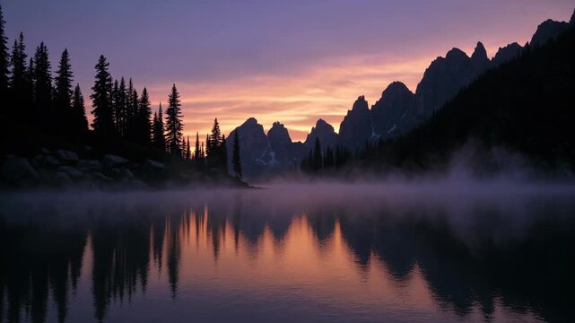Lake water reflects mountain and pine forest. Sunset colors glow in sky and reflection. Mist rises over calm water. Nature landscape with pine trees. Mountain sky reflection fills peaceful lake.