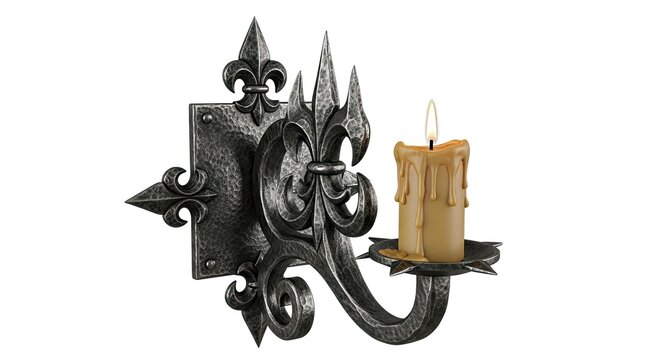 Gothic Wrought Iron Sconce with Burning Candle, Medieval Wall Light Fixture
