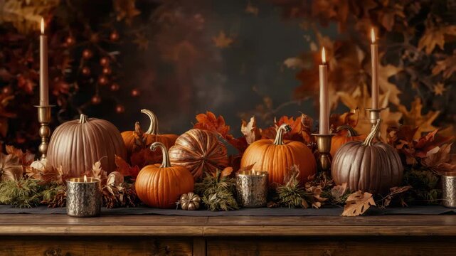 Autumn pumpkin candle centerpiece with fall leaves on rustic table creating cozy warm atmosphere