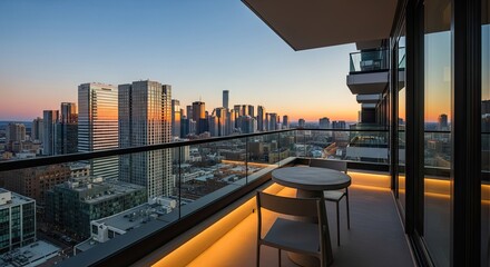 Naklejka premium Luxury Balcony View: Modern Cityscape at Sunset with Outdoor Furniture