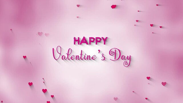 Romantic Happy Valentine's Day greeting featuring elegant 3D pink lettering and script text surrounded by floating hearts against soft, dreamy, cloudy pink background, perfect for holiday celebrations