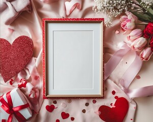 a well lit photo mockup of an 8x10 red and gold glitter frame blank white inside frame takes up most of the photo flat lay pink and red valentines colored decorations valentines theme wit
